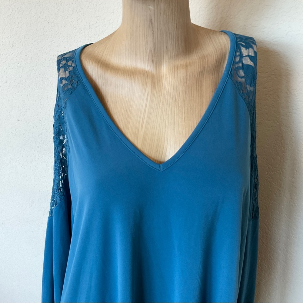 Torrid NWT Studio Knit Lace Shoulder Top Long Sleeve Midnight Teal 0 / L / 12 - Picture 8 of 16
